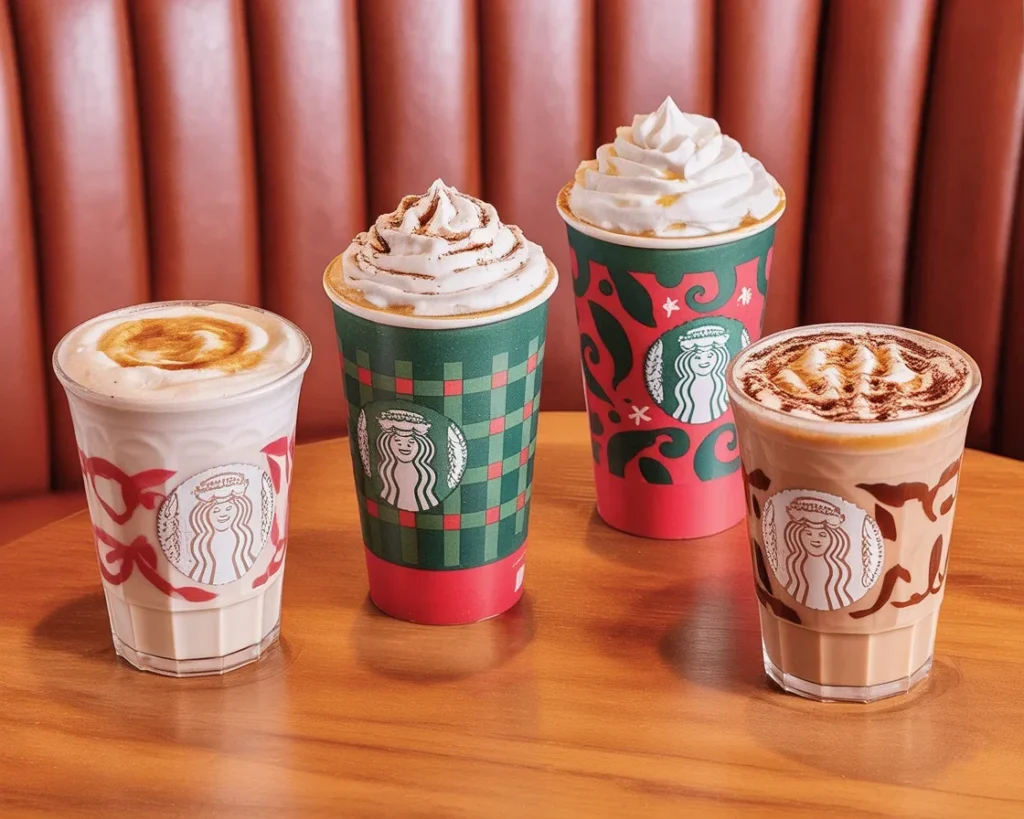 Variety of seasonal and classic Starbucks drinks including festive holiday flavors.