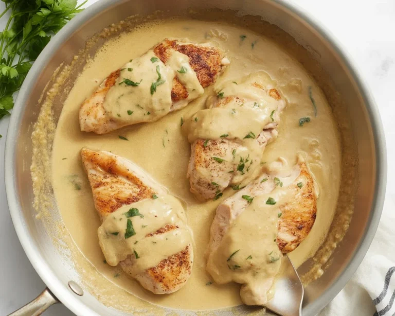 A plate of creamy garlic chicken with herbs, served with vegetables.