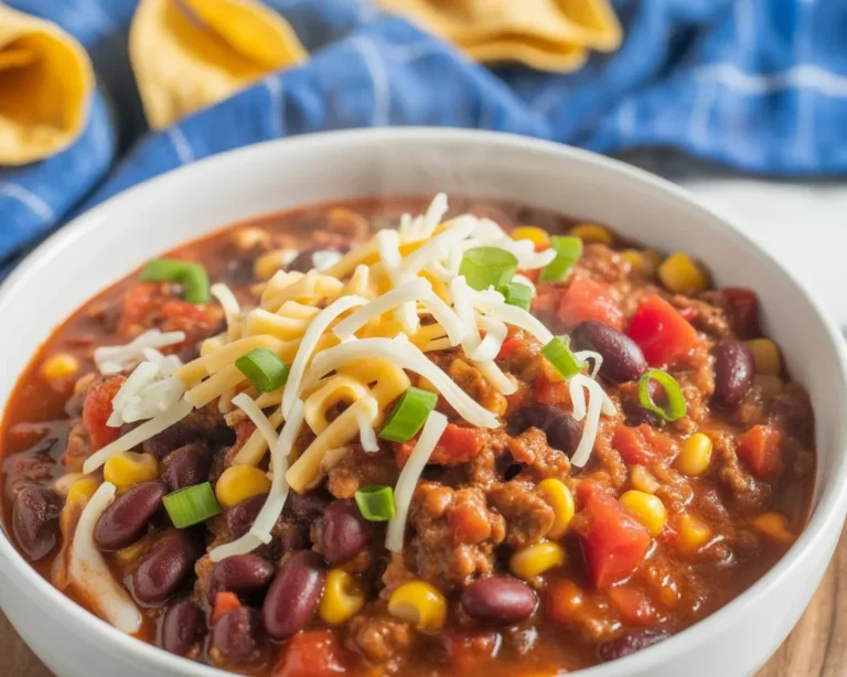 Bowl of Santa Fe soup topped with cheese and tortilla chips.