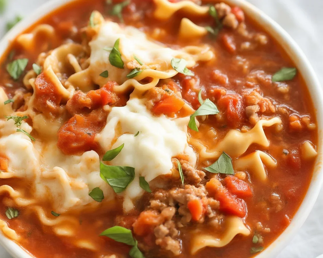 A steaming bowl of lasagna soup topped with cheese, showcasing layers of noodles and rich marinara.