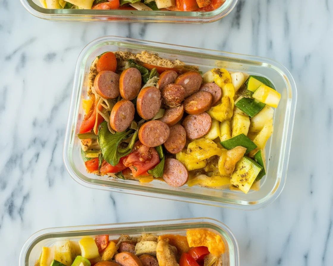 Healthy meal prep breakfast bowls with eggs, veggies, and sausage for easy mornings.