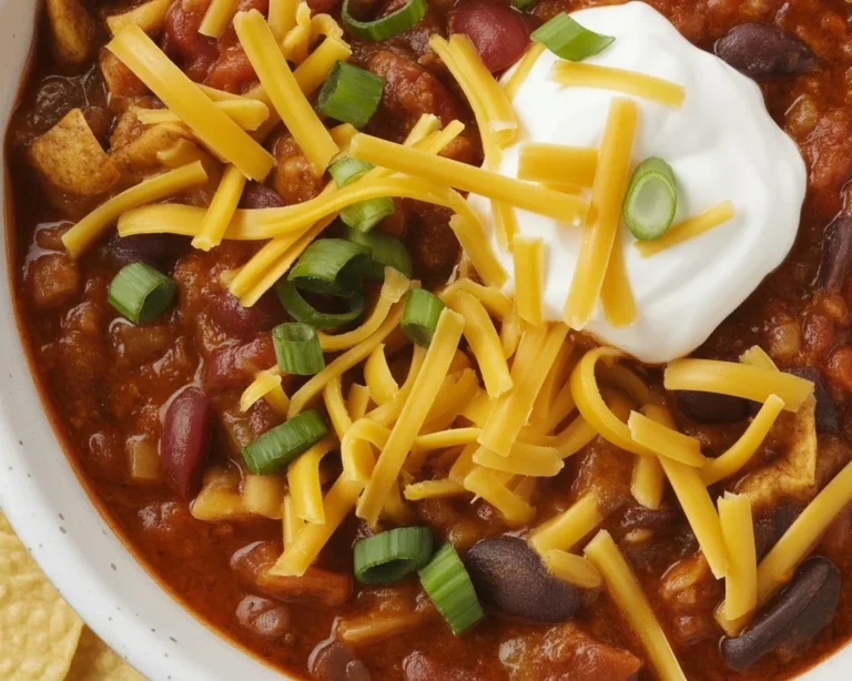 Delicious homemade chili made with ground beef, beans, and spices in a bowl.