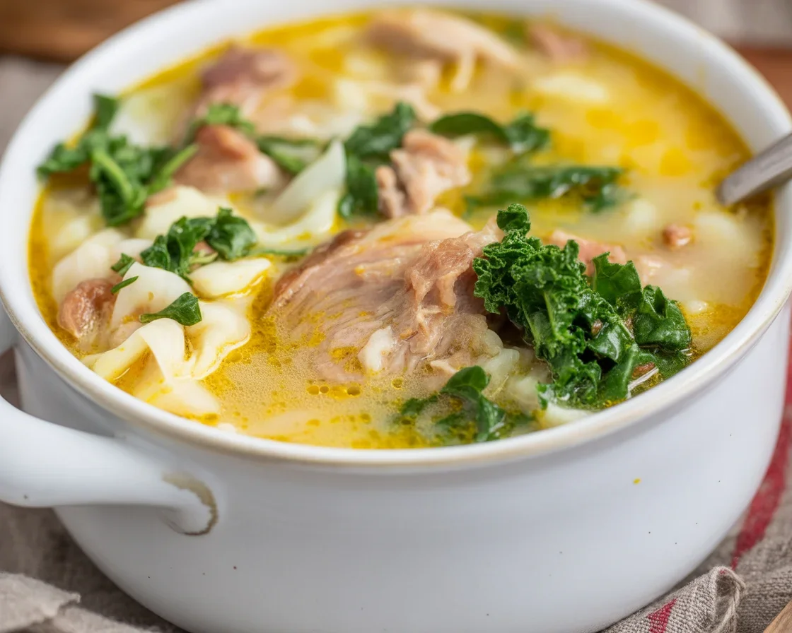 A delicious bowl of one pot soup featuring vegetables and herbs, perfect for winter meals.