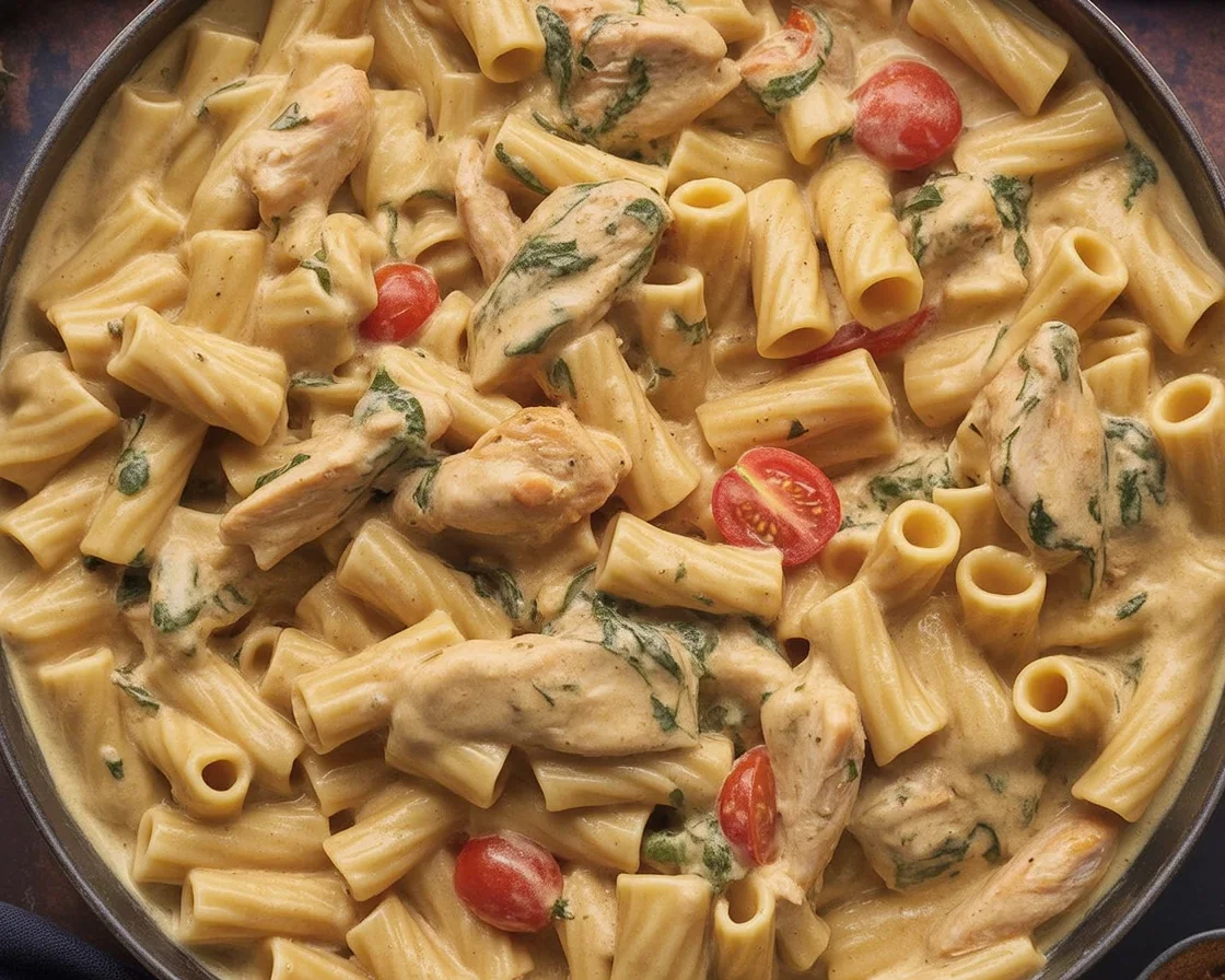 Creamy One Pot Tuscan Chicken Rigatoni with sun-dried tomatoes and spinach.