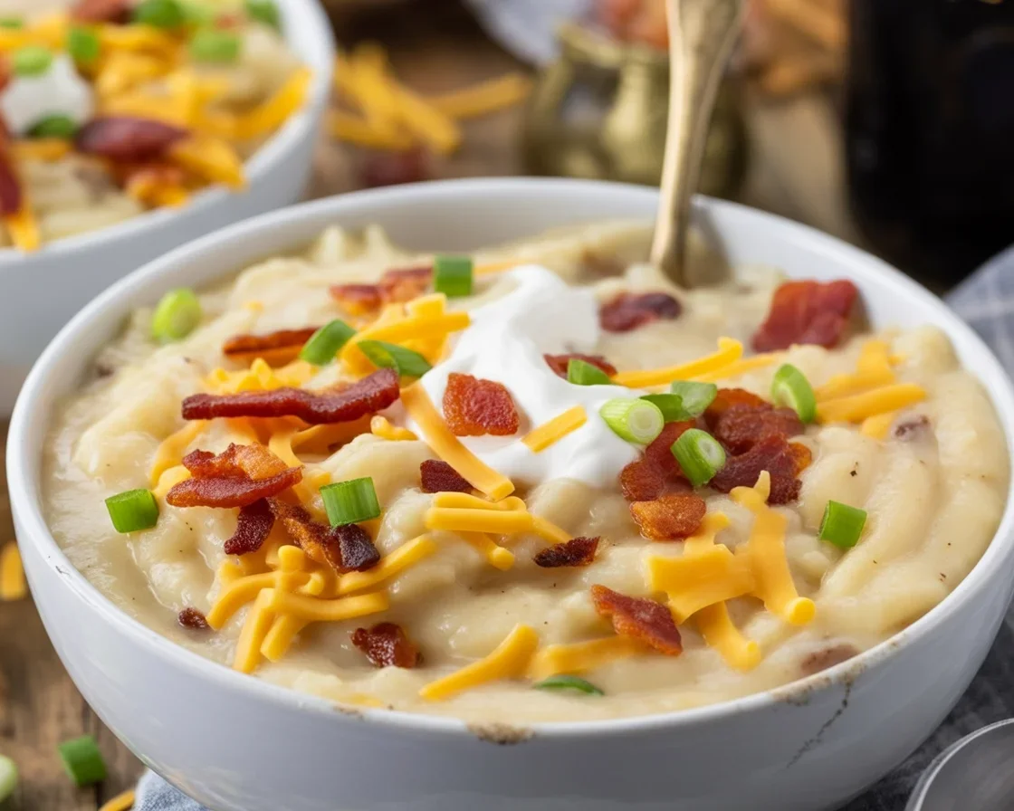Creamy potato soup simmering in a pot, garnished with herbs and bacon.