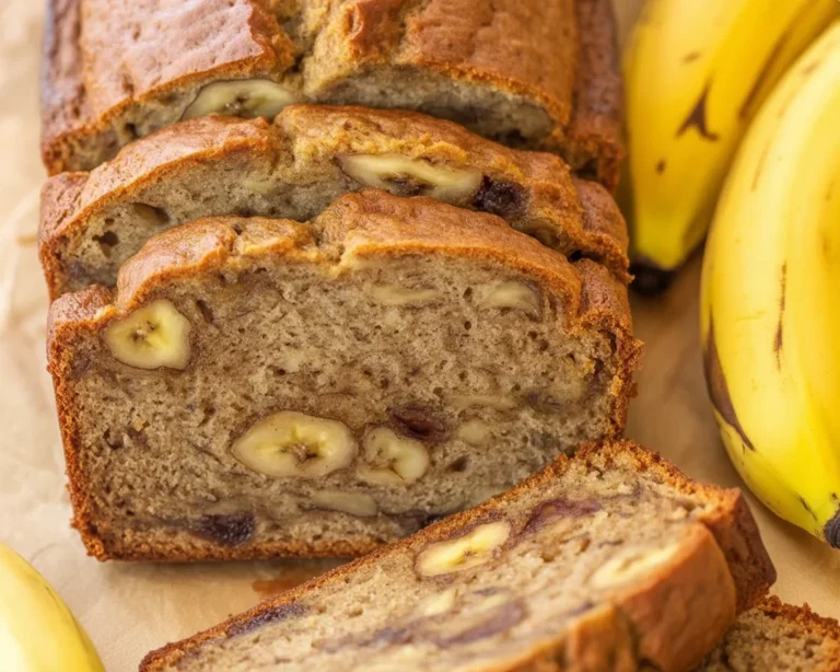 Moist banana bread made with ripe bananas, butter, and eggs for a delicious treat.