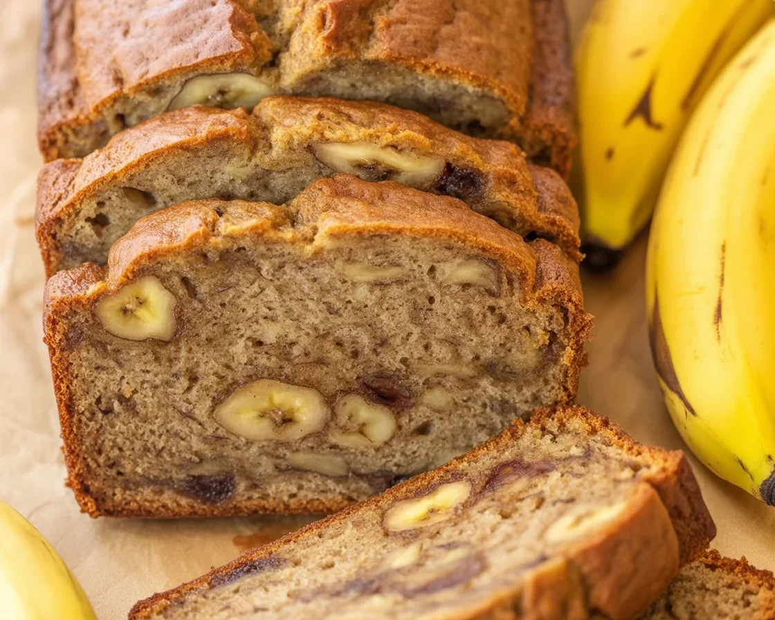 Moist banana bread made with ripe bananas, butter, and eggs for a delicious treat.