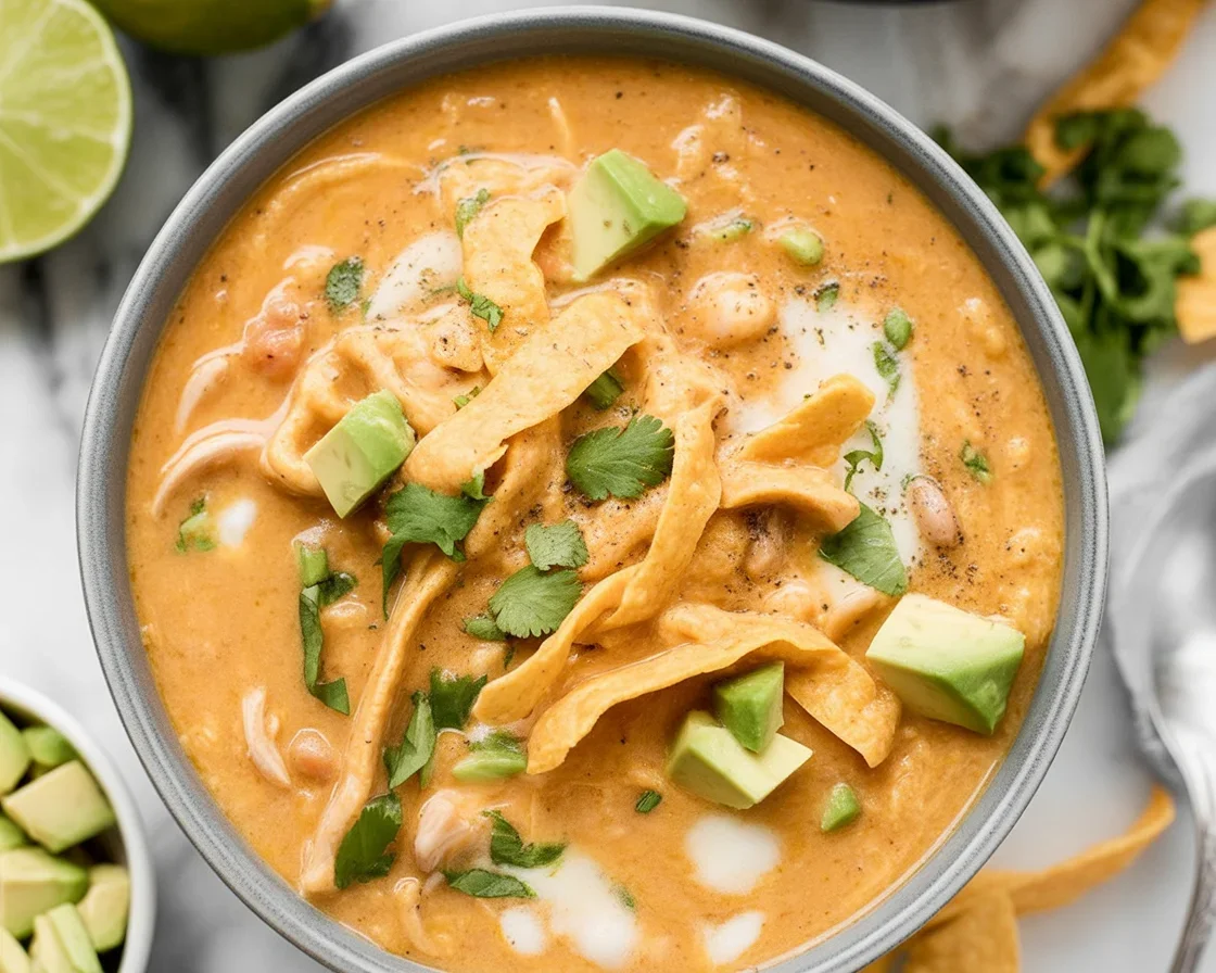 Bowl of creamy White Chicken Chili with beans and diced chicken topped with cilantro.
