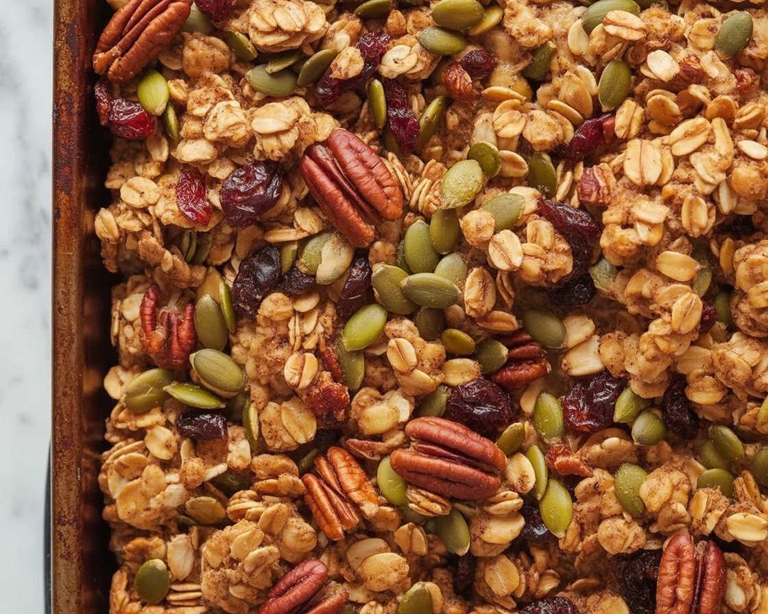 Bowl of homemade granola made with oats, nuts, and dried fruits.