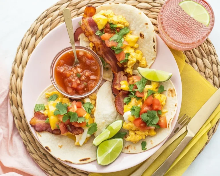 Freezer-friendly meal prep breakfast tacos with eggs, bacon, and veggies