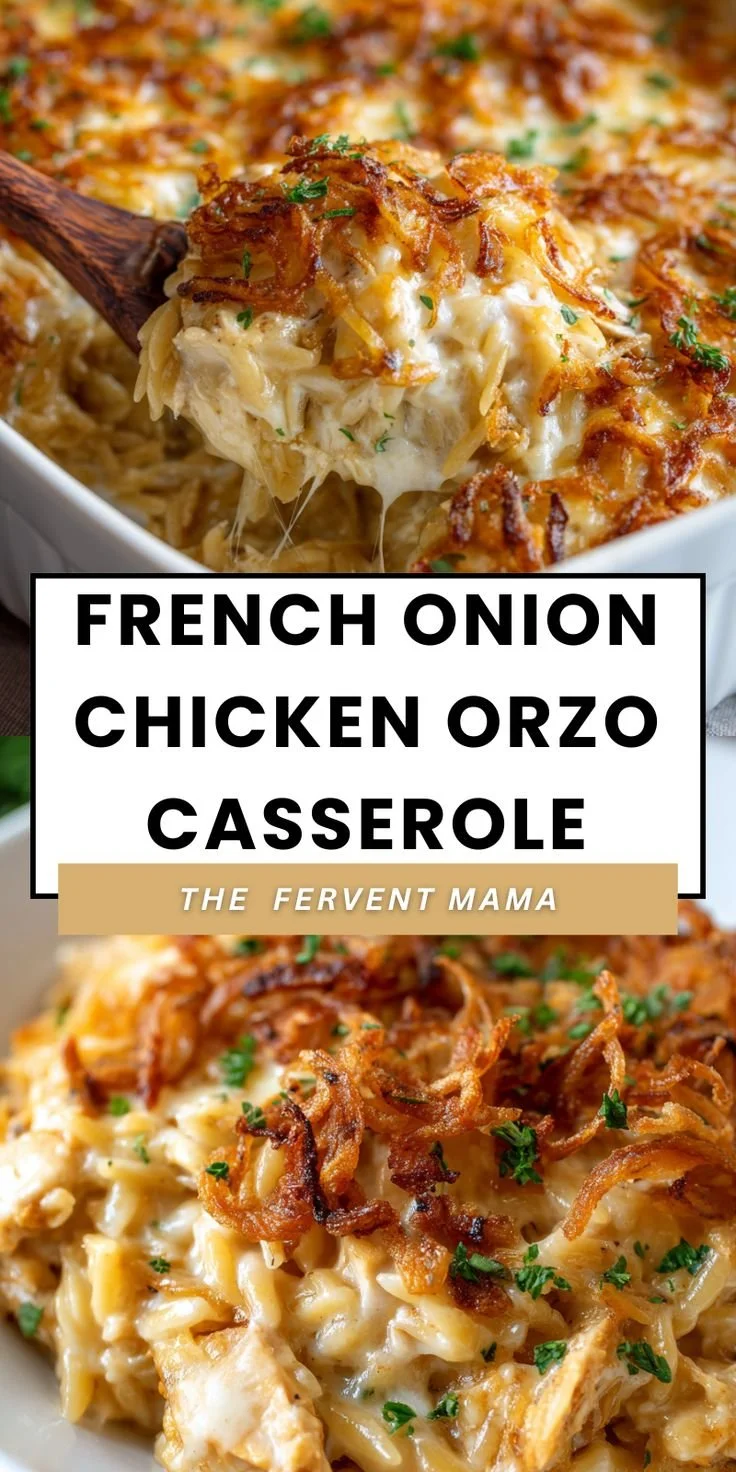 French Onion Chicken Orzo Casserole topped with cheese and herbs