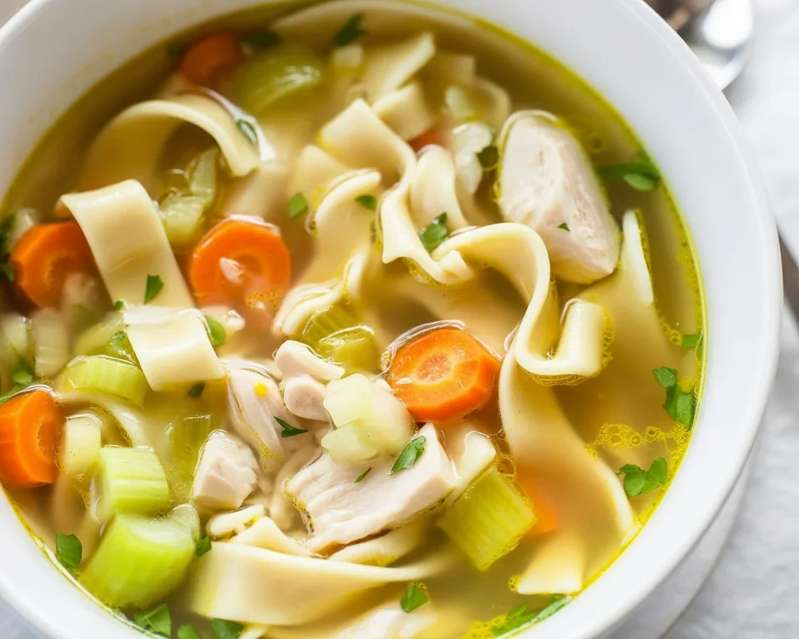 Homemade chicken noodle soup with chicken, vegetables, and egg noodles in a rich broth.
