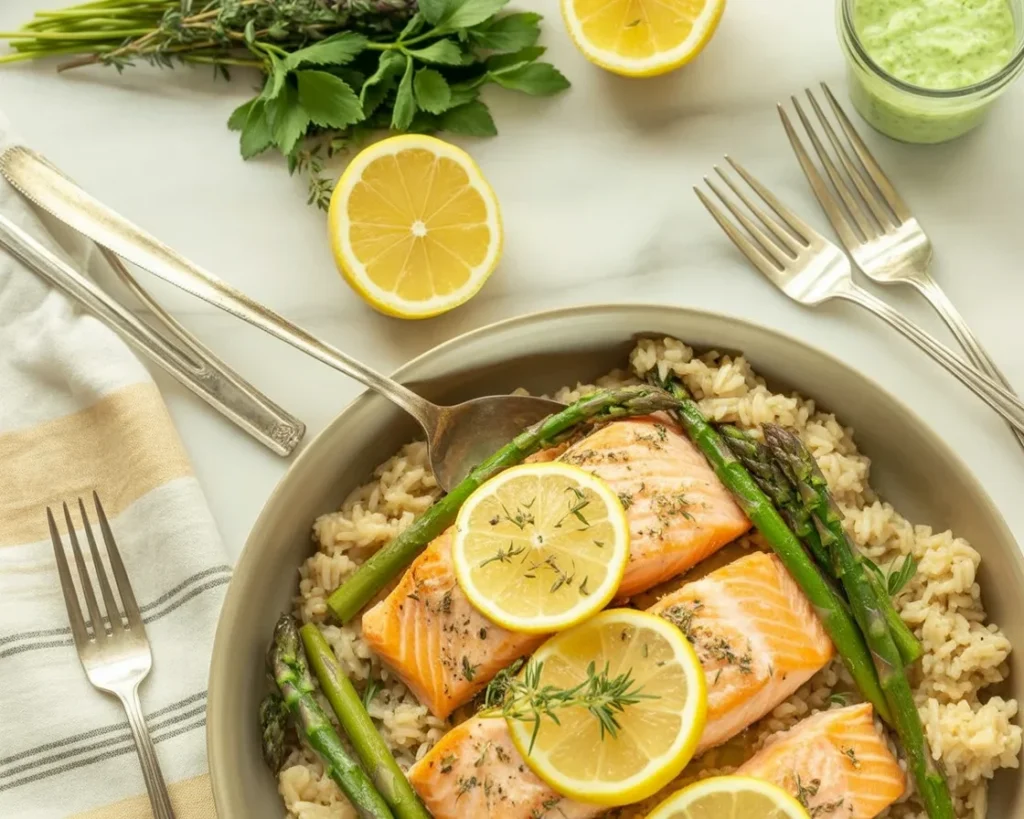 Delicious salmon rice dinner featuring vibrant flavors and fresh herbs.