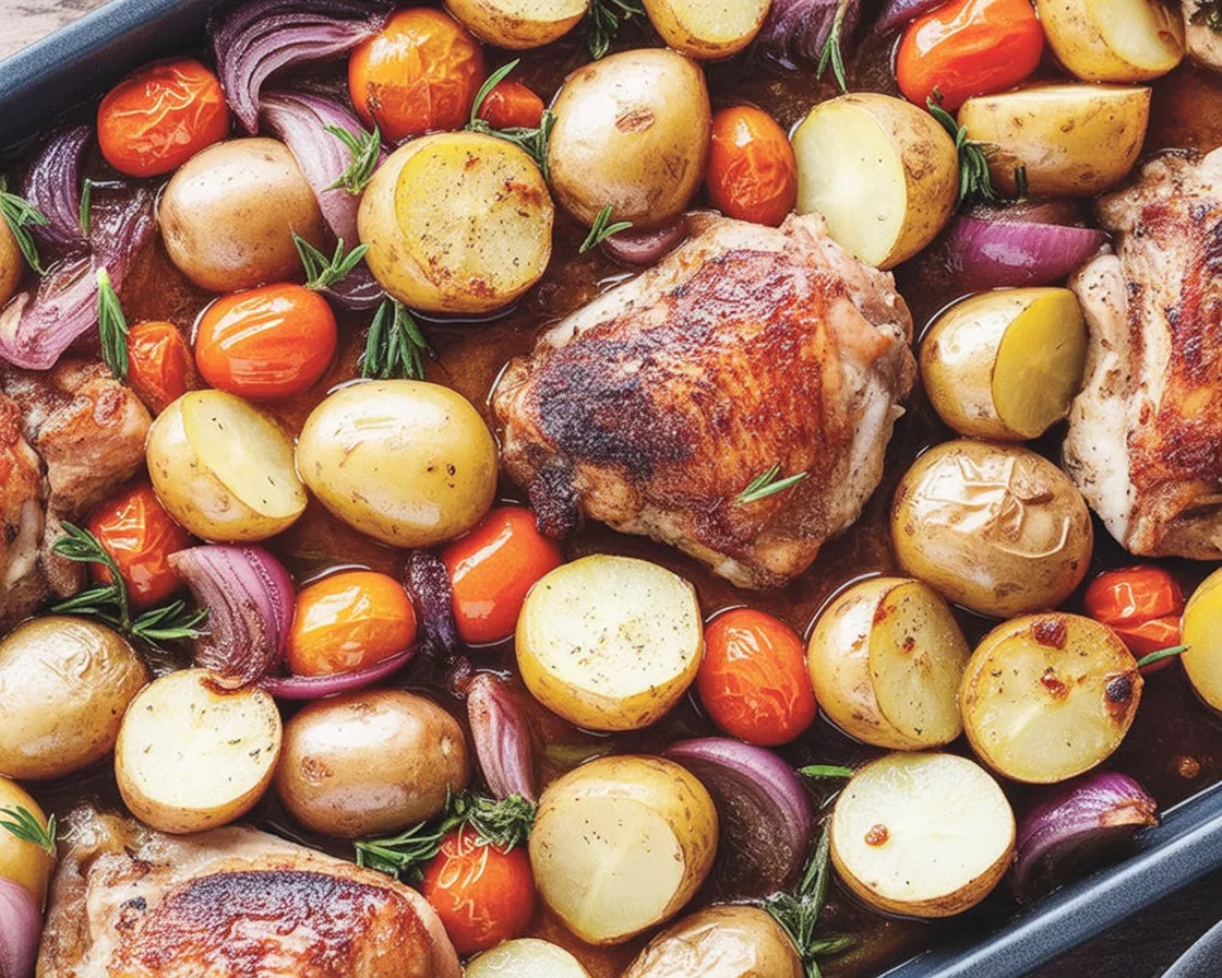 Sheet pan dinner featuring roasted chicken thighs and colorful vegetables.