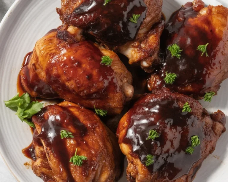 Juicy baked barbecue chicken thighs topped with sticky BBQ sauce on a baking tray.
