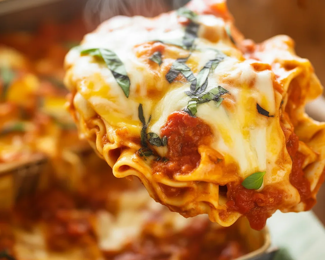 One pot lasagna recipe with layers of pasta, ground beef, and cheese in a skillet.