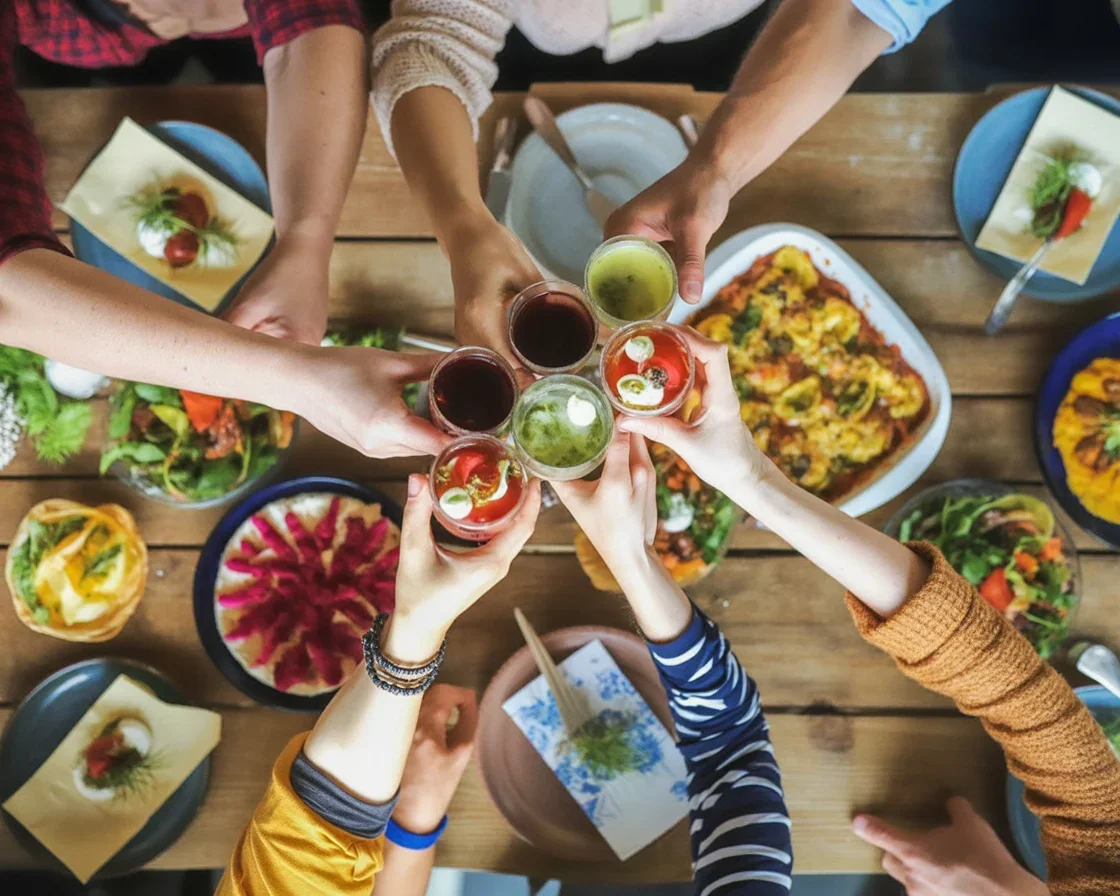 A cheerful Friendsgiving gathering featuring food and friends celebrating together.