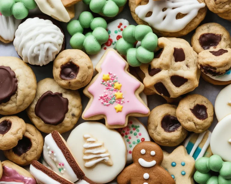 An assortment of popular Christmas cookies, featuring gingerbread, sugar cookies, and festive decorations.