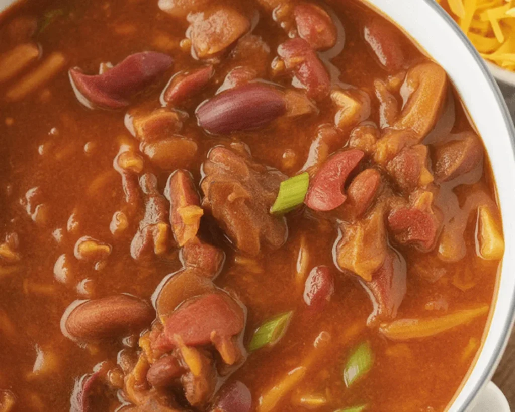 Bowl of homemade chili recipe with ground beef, beans, and fresh toppings.