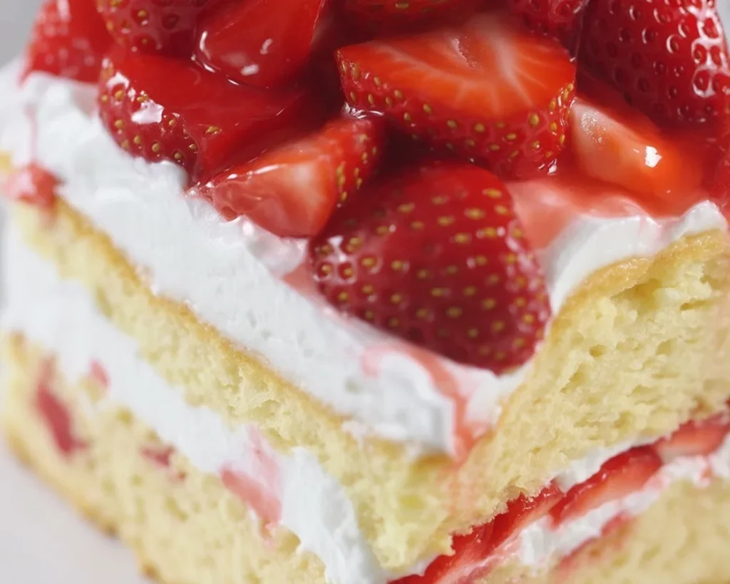 A delicious homemade strawberry shortcake with juicy strawberries and whipped cream.