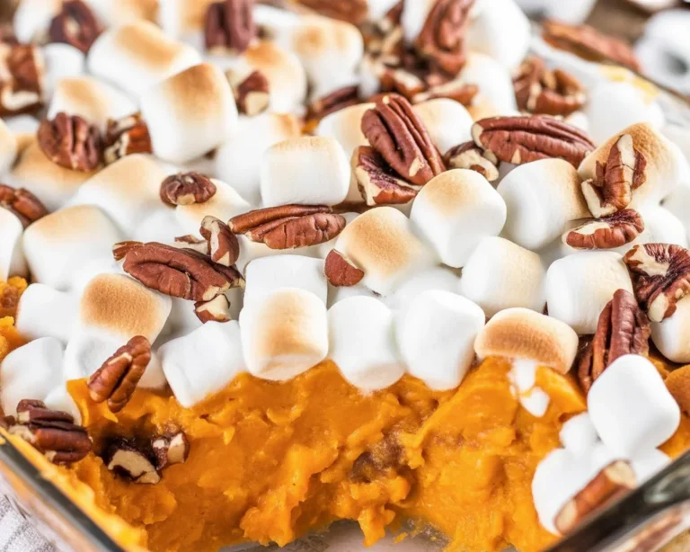 Delicious sweet potato casserole topped with a crunchy pecan streusel for a festive feast.