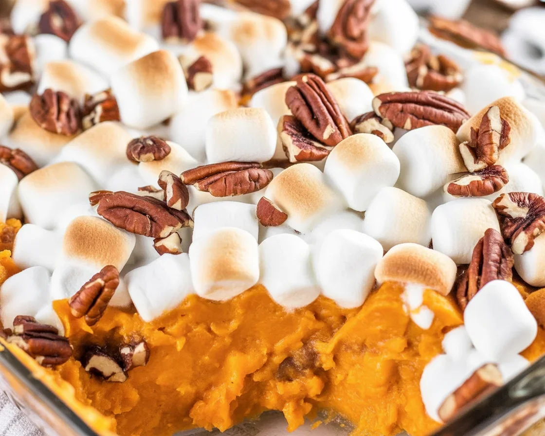 Delicious sweet potato casserole topped with a crunchy pecan streusel for a festive feast.