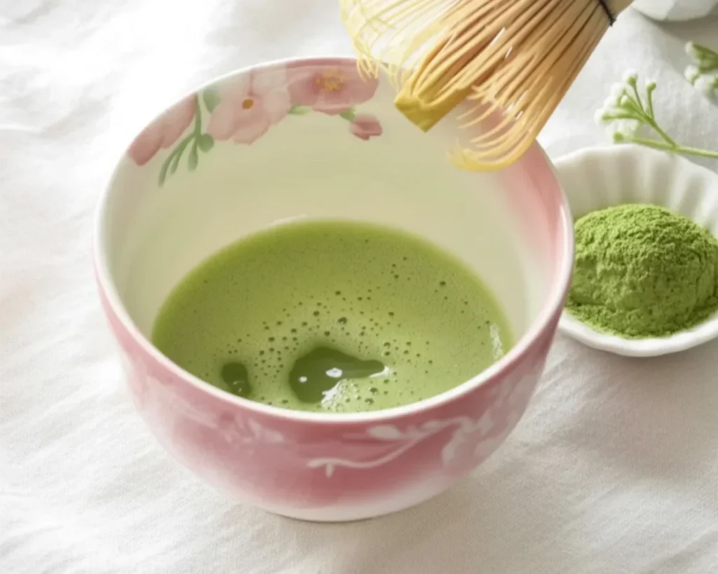A bowl of vibrant green matcha tea powder with a whisk and traditional tea utensils