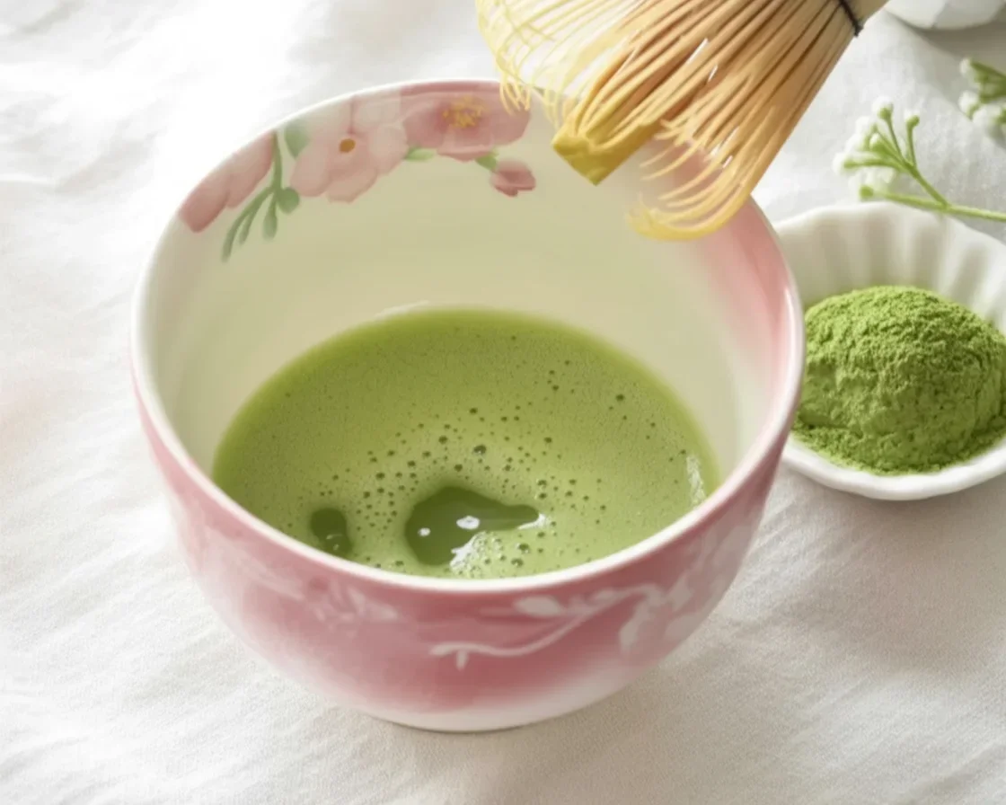 A bowl of vibrant green matcha tea powder with a whisk and traditional tea utensils
