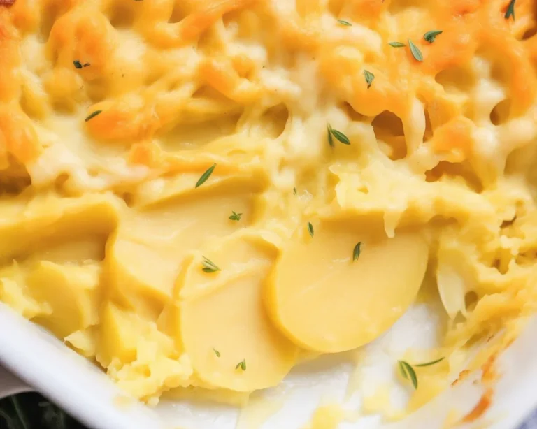 Delicious cheesy potatoes casserole topped with crispy cornflakes.