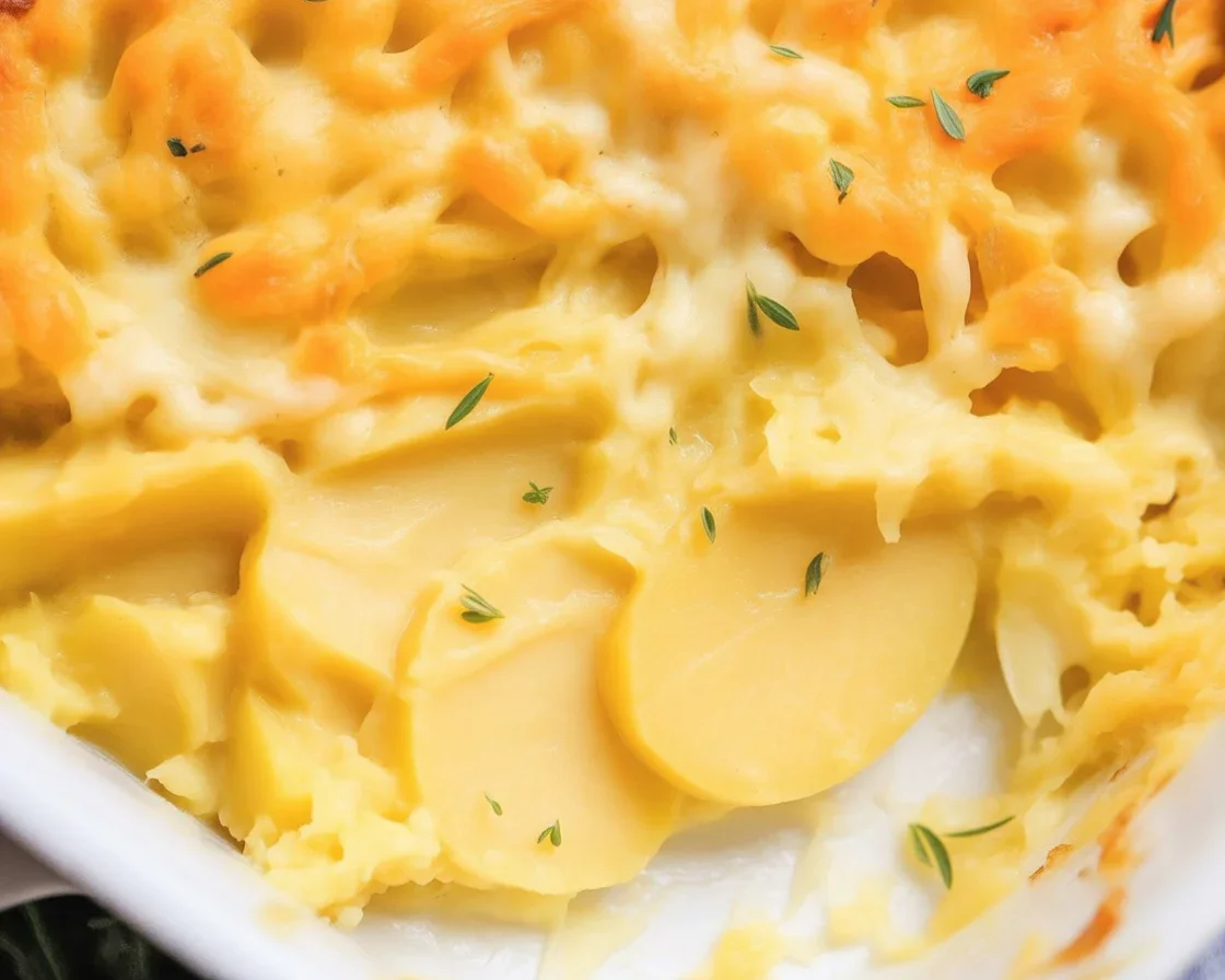 Delicious cheesy potatoes casserole topped with crispy cornflakes.