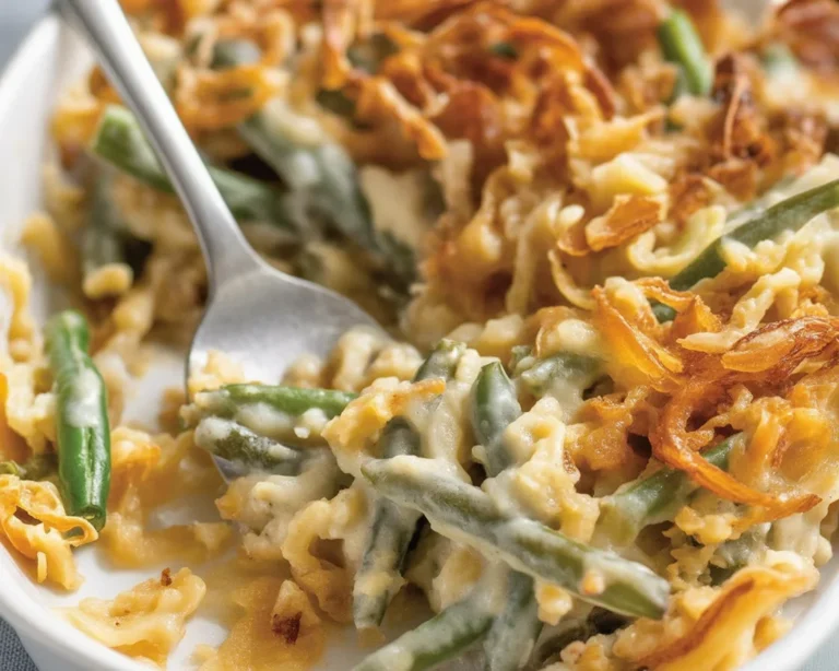 Delicious green bean casserole with creamy sauce and crispy fried onions.
